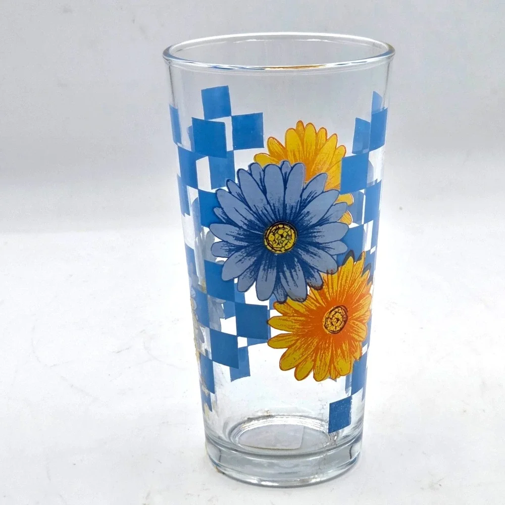 Vintage Sunflower Glasses Blue Checkerboard KIG Indonesia Iced Tea Set of 4